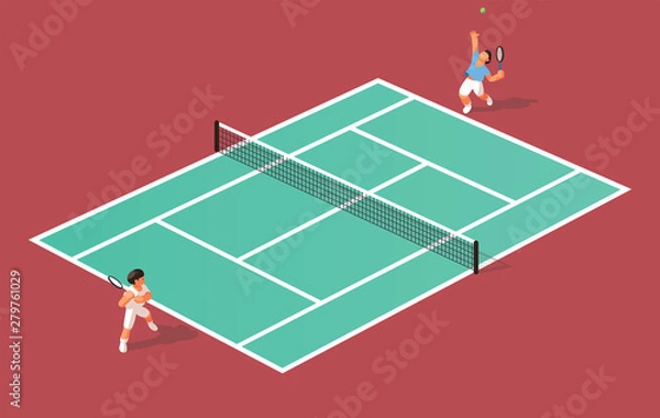 Fototapeta Two tennis players play tennis on the court. Vector illustration. Top view