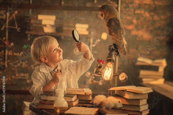 Fototapeta scoolboy in white coat looking at owl in magnifying glass