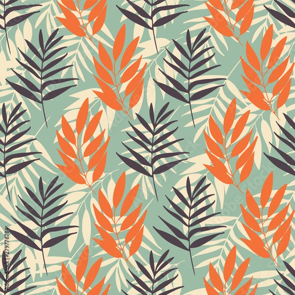 Fototapeta Vector tropical foliage seamless pattern repeat on light blue.