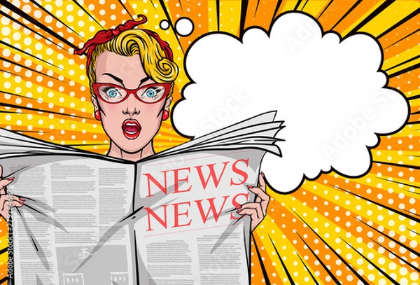 Fototapeta Pretty woman reading tabloid newspaper with anxious and scared face expression, fake news, panic, shocking stories, scaremongering. Vector illustration in pop art style.