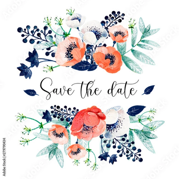 Fototapeta Invitation card with hand-drawn blue paper envelope, red and white anemones, mint leaves, blue berries