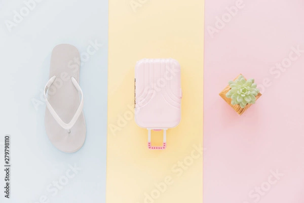 Fototapeta Flip flop; miniature travel bag and cactus plant on different type of background