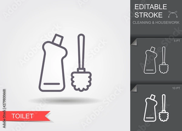 Fototapeta Toilet brush and bottle with cleaner. Line icon with editable stroke with shadow