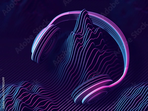 Fototapeta Słuchawki 3D z falami dźwiękowymi na ciemnym tle. Abstrakcyjna wizualizacja cyfrowego dźwięku i cyberprzestrzeni. Koncepcja słuchania muzyki elektronicznej. Cyfrowy sprzęt audio. Ilustracja wektorowa EPS 10.