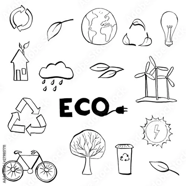 Fototapeta Ecology symbols set. Modern linear black and white hand drawn style vector concept. Illustration for eco friendly, energy, environment, green, recycle, bio and global concepts.