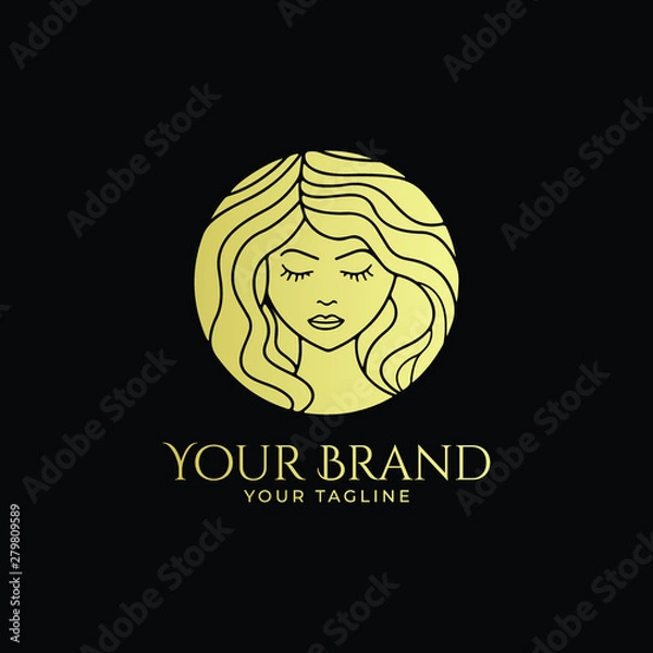 Fototapeta logo template of woman's face with abxtract and curly hair in round shape in gold color