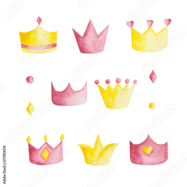 Obraz  Watercolor set with pink and yellow crowns on white background. Ideal for cards and invitations.
