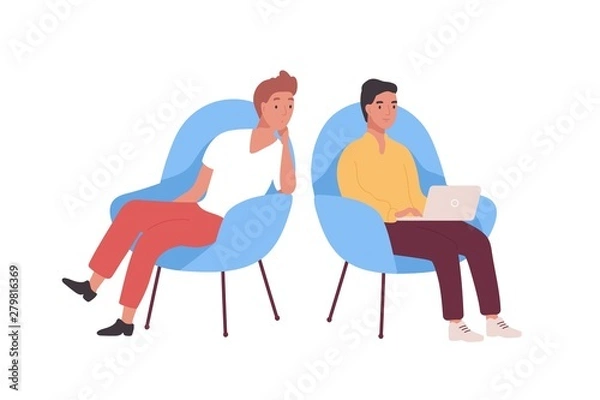Fototapeta Pair of smiling employees, businessmen or office workers sitting in armchairs and working on laptop computer. Business meeting of two colleagues or clerks. Flat cartoon colorful vector illustration.