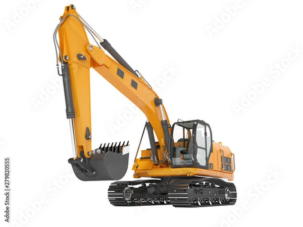 Fototapeta Orange single bucket excavator with hydraulic mechpatoy on metal driven track 3D render on white background no shadow