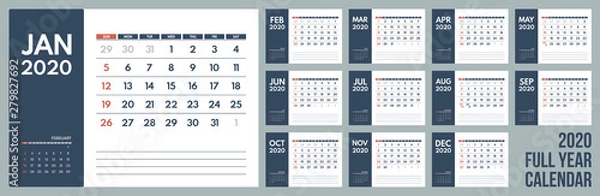 Fototapeta 2020 full year wall calendar, starts sunday, next month