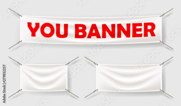 Fototapeta White textile banners with folds template set. Separate shadow. Cotton and canvas, flag blank, advertising empty.