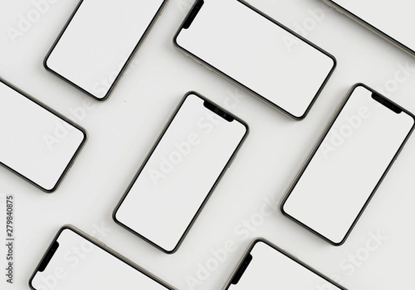 Obraz 3d render ilustracji Dłoń trzymająca biały smartfon z pełnym ekranem i nowoczesną ramką mniej projektu - na białym tle