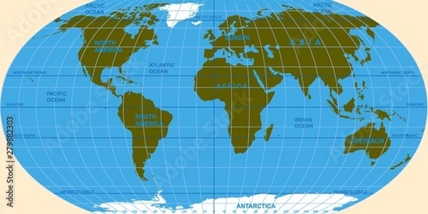 Obraz Vector map of the world. Oceans and continents on a flat projection.