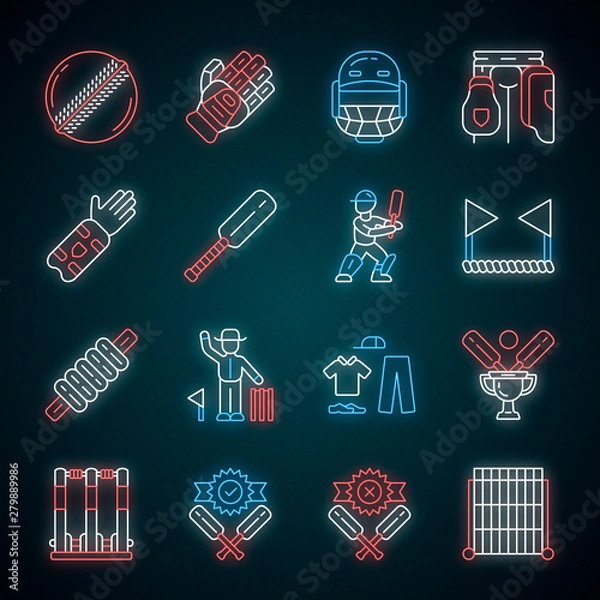 Obraz Cricket championship neon light icons set. Sport uniform, protective gear, game equipment. Athletic activity. Bat and ball team game. Match preparation. Glowing signs. Vector isolated illustrations