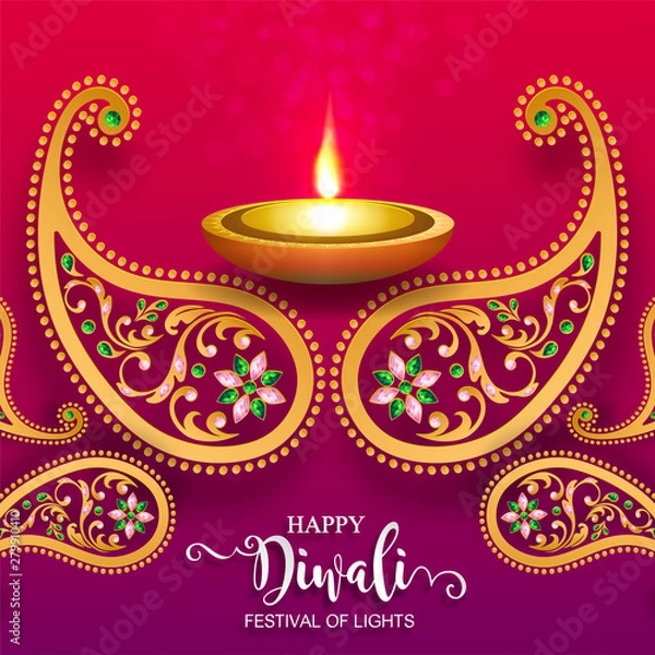 Fototapeta Diwali, Deepavali or Dipavali the festival of lights india with gold diya patterned and crystals on paper color Background.