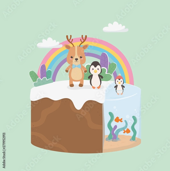 Fototapeta cute and little penguin and reindeer in the field