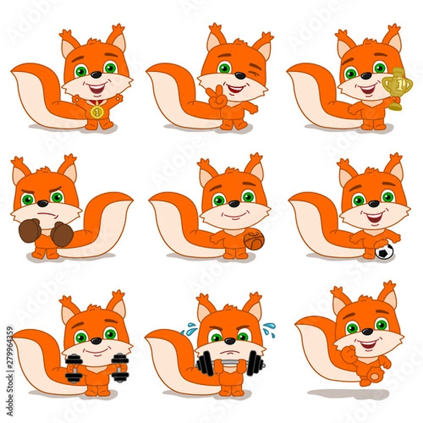 Fototapeta Collection of funny squirrel athlete in different sports and with prizes isolated on white background