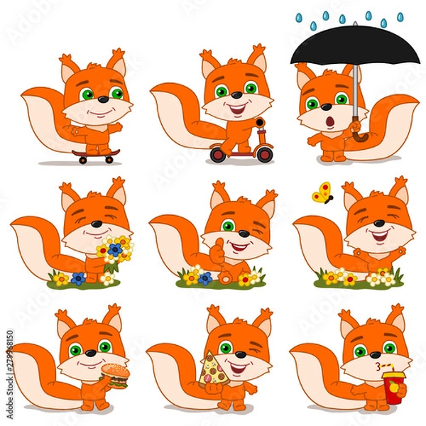 Fototapeta Set of funny squirrel in different poses - skating, summer meadow, fast food - isolated on white background