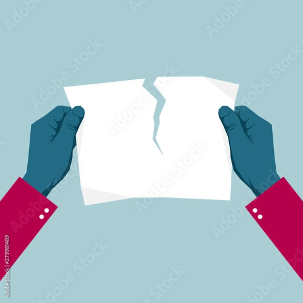 Obraz Tears the paper with both hands. Isolated on blue background.