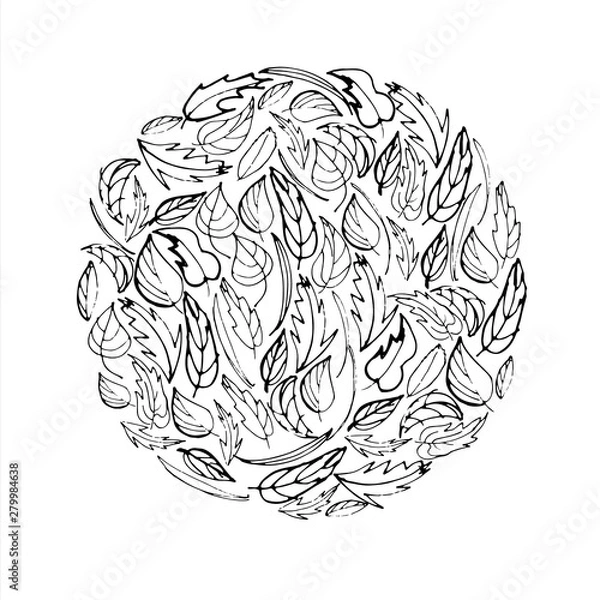 Fototapeta Vector rounded shape in black and white colors with leaves in doodle style. Perfect for sketch style graphics, posters, print and fabric, backgrounds and cards.