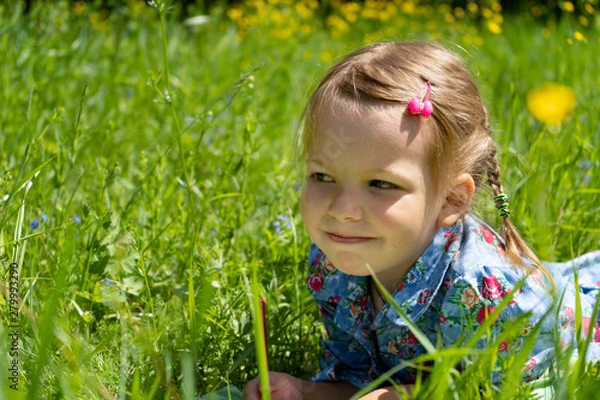 Fototapeta Portrait of a girl of 4 years on a green lawn. Girl on the grass in the park