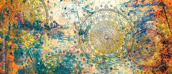 Fototapeta mandala colorful vintage art, ancient Indian vedic background design, old painting texture with multiple mathematical shapes