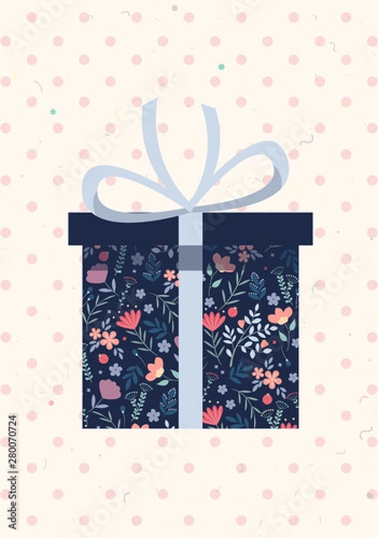 Obraz Giftbox with flower pattern and blue ribbon. Vector Illustration