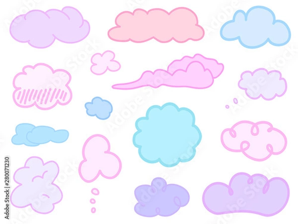 Fototapeta Colorful clouds on isolation background. Hatching doodles on white. Hand drawn infographic elements. Colored illustration. Sketches for artworks