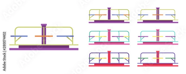 Fototapeta Carousel set, merry-go-round park equipment. Playground roundabout for spinning, kid outdoor fun, recreation. Vector flat style cartoon illustration isolated, white background, different views, colors