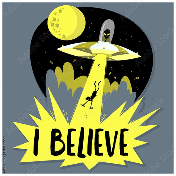 Fototapeta UFO abducts human. Space ship UFO ray of light in the night sky. Vector