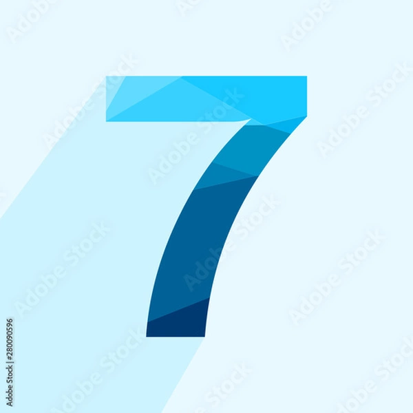 Fototapeta Blue vector polygon seven number font with long shadow.  Low poly illustration of flat design.