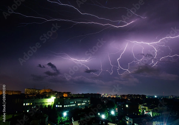 Obraz Bright night thunderstorm over the city