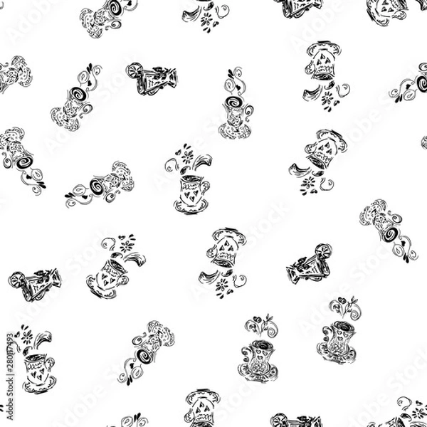 Obraz Seamless pattern set of teacups, great design for any purposes. Hand drawn a seamless set pattern of teacup sketch. Coffee outline icon. Steam icon isolated on white background. Coffee mug vector