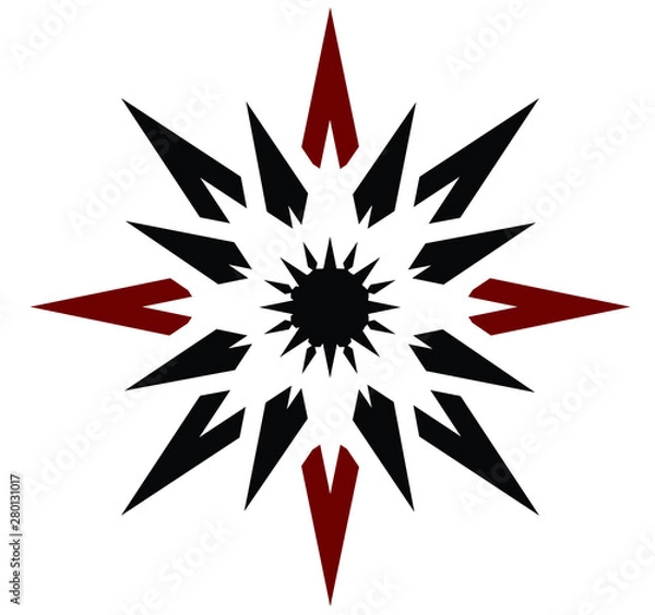 Fototapeta Abstract red and black vector 16 pointed chaos sun star symbol icon sign logo