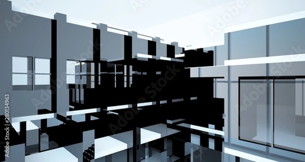Fototapeta Abstract architectural white and black gloss interior of a minimalist house with large windows.. 3D illustration and rendering.