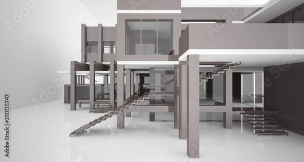 Fototapeta Abstract architectural white and brown gloss interior of a minimalist house with large windows.. 3D illustration and rendering.