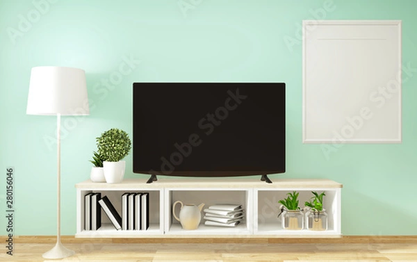 Fototapeta Mockup Smart Tv ,mint living room with decoraion zen style minimal design. 3d rendering