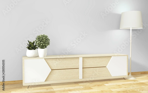 Fototapeta Mock up TV cabinet and display with room minimal design and decoraion japanese style.3d rendering