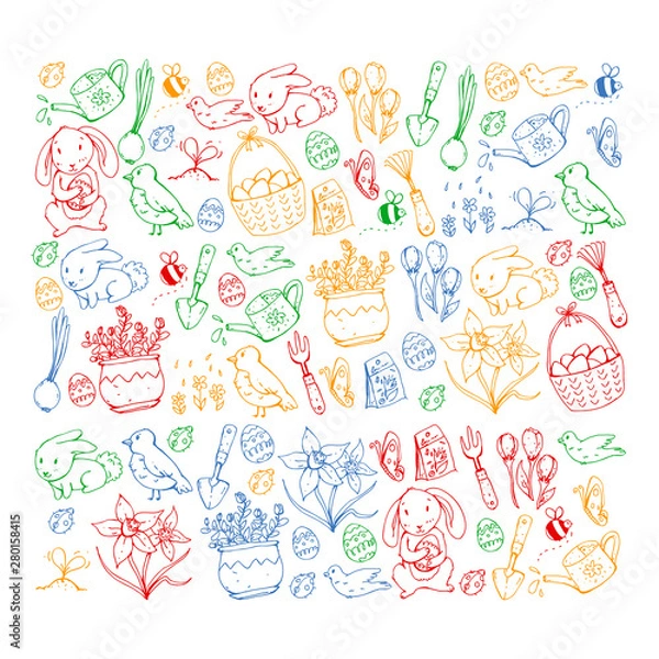 Fototapeta Vector pattern with easter and spring elements. Eggs in basket, bunny, flowers, birds