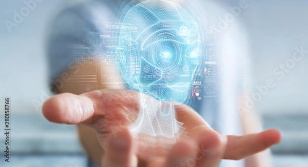 Fototapeta Businessman using digital artificial intelligence head interface 3D rendering