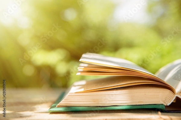 Fototapeta Open book on a wooden table in a garden. Sunny summer day, reading in a vacation concept
