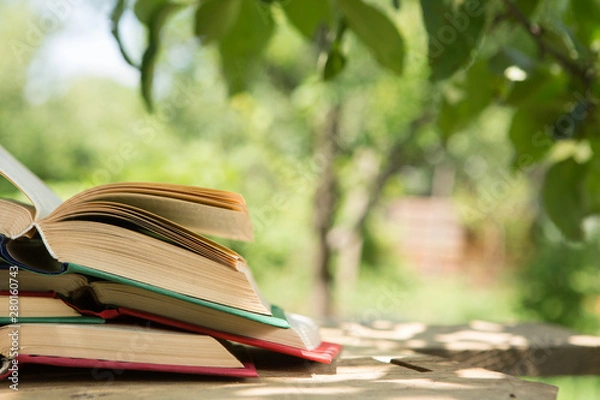 Fototapeta Open book on a wooden table in a garden. Sunny summer day, reading in a vacation concept