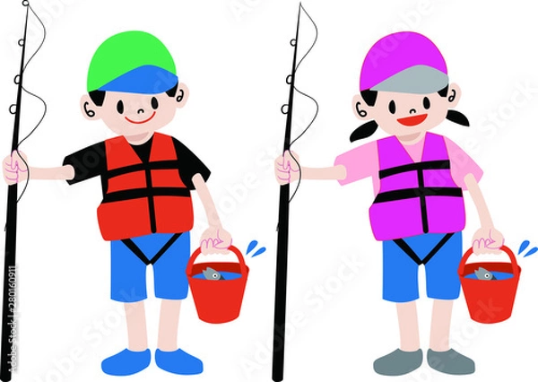 Obraz ライフジャケットを着て釣りをする子供のイラスト