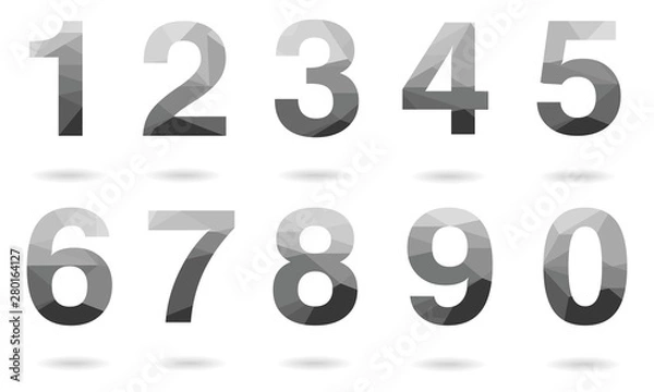 Fototapeta Set of grey vector polygon numbers font with shadow.  Low poly illustration of flat design.