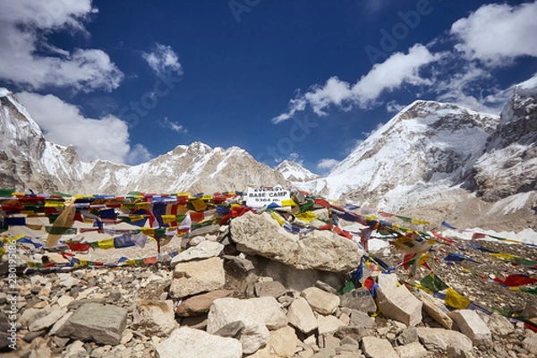 Fototapeta View from Mount Everest base camp with rows of buddhist prayer flags, Nepal, Himalayas mountains