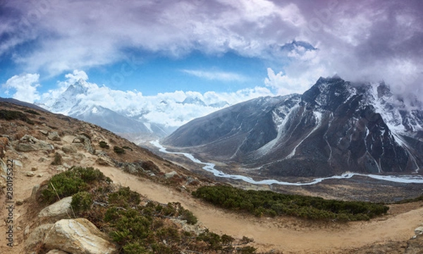 Fototapeta Amphu Gyabjen and Ama Dablan peaks views with clouds, Everest base camp trek, Nepal