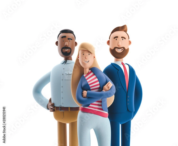 Obraz 3d illustration. Group of happy business people standing on a white background. Stanley, Emma and Billy.