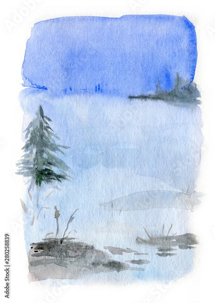 Fototapeta Watercolor illustration of winter landscape. Pine tree and snowy field with forest on the horizon in early dusk. Original artwork postcard design isolated on white background