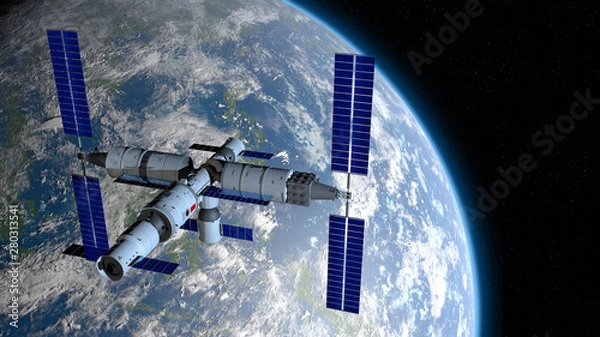 Obraz TIANGONG 3 - Chinese space station orbiting the planet Earth on black space with stars background. 3D Illustration