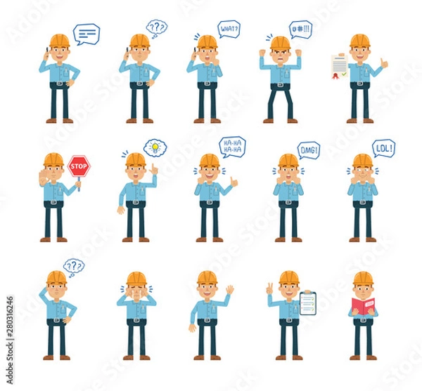 Fototapeta Big set of construction man characters posing in different situations. Cheerful worker talking on the phone, holding stop sign, clipboard, document and doing other actions. Flat vector illustration
